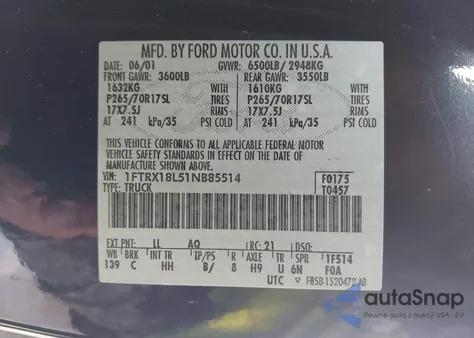 2001 Ford F-150 Lariat/Xl/Xlt из США, поврежденный, VIN 1FTRX18L51NB85514